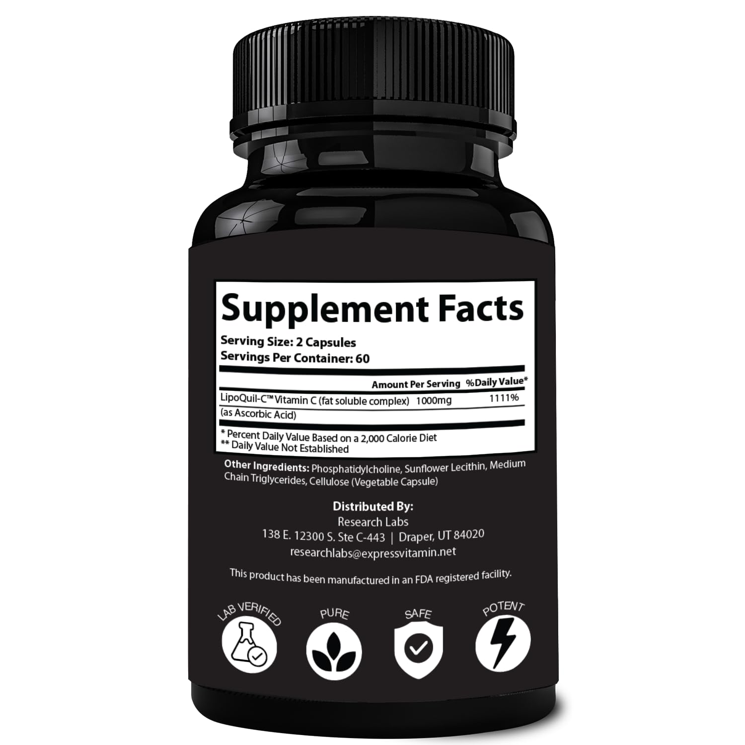 Research Labs Liposomal Vitamin C Supplement w/Enhanced Absorption LipoQuil-C™ | 2 Fer 1 ad 240 Capsules Total Immune Support Collagen Booster | High Dose Fat Soluble Vita C 1000mg Buffered | Non GMO