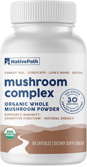 NativePath Mushroom Complex, Organic, Lion's Mane & Cordyceps, 60 Count | Turkey Tail, Reishi & Beta-Glucans, Supports Immune, Focus & Energy, Vegan, Nootropic Blend