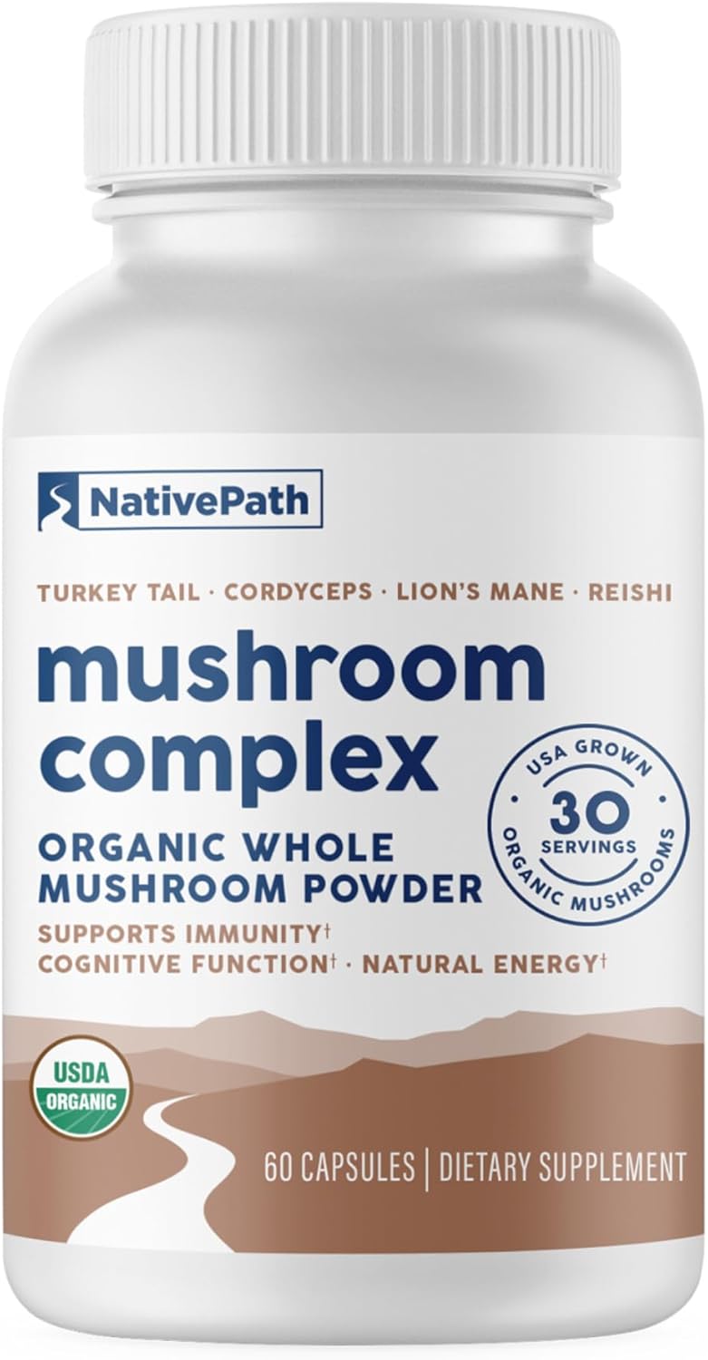 NativePath Mushroom Complex, Organic, Lion's Mane & Cordyceps, 60 Count | Turkey Tail, Reishi & Beta-Glucans, Supports Immune, Focus & Energy, Vegan, Nootropic Blend