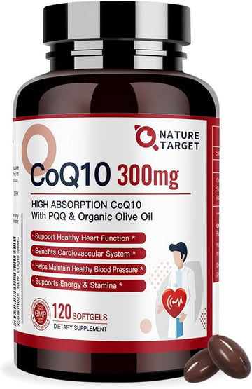NATURE TARGET CoQ10-300mg-Softgels + PQQ with Organic-Olive-Oil - High Absorption-Coenzyme-Q10 - Antioxidant-for-Heart-Health and Immune Support, Energy Production, 120 Servings | High Absorption Coenzyme Q10 with BioPerine, Antioxidant for Heart, Brain,