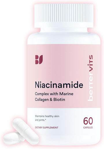 Bettervits Niacinamide Supplement with Vitamin B3, Marine Collagen & Hyaluronic Acid | High-Strength Vitamin B3 Capsules 300 mg. with Turmeric for Energy Metabolism & Skin Support - 60 Capsules
