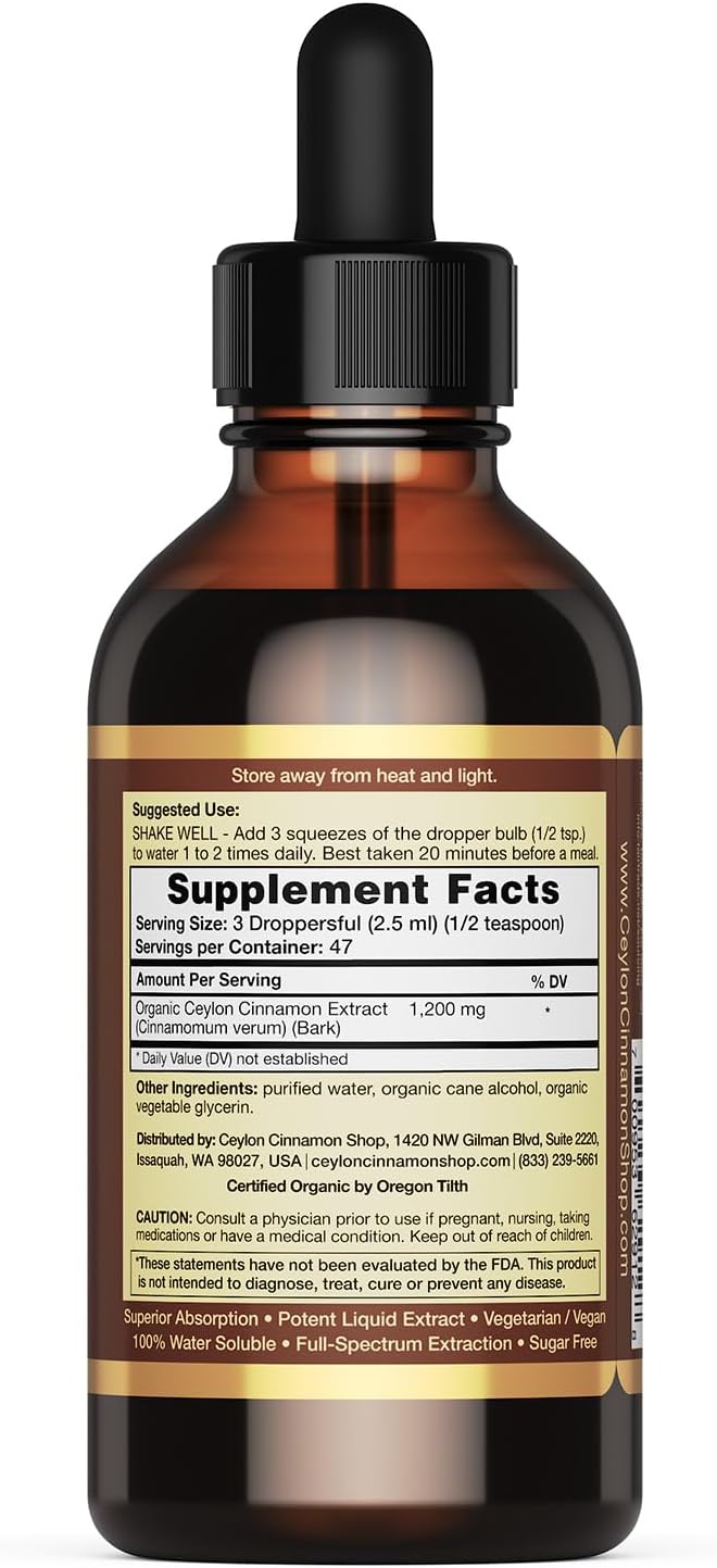 CinnaGold™ Organic Ceylon Cinnamon Liquid Extract Supplement - 4 oz | Superior Absorption & Bioavailability, USDA Certified Tincture, Non-GMO, Gluten Free, Sugar Free, Made in the USA (GMP)