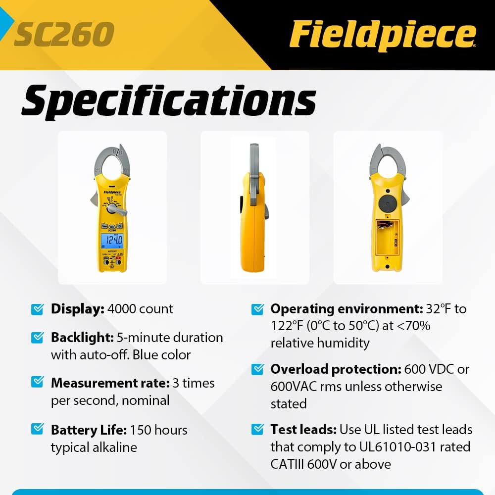 Fieldpiece Compact HVACR Clamp Multimeter SC260 – True RMS Clamp Meter with Temperature, Capacitance & Backlight | True RMS Multimeter with Temperature, Capacitance and Backlight