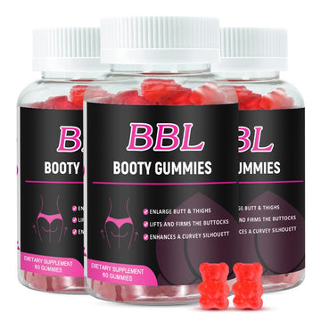 Three bottles of BBL Booty Gummies with red gummy bears on a white background