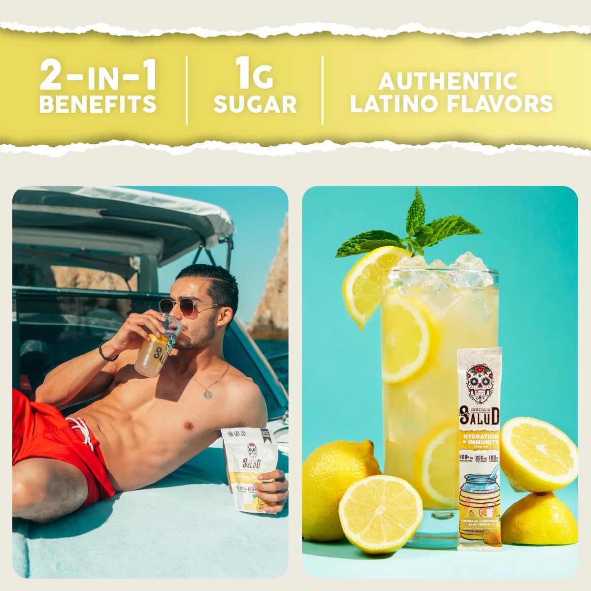 Salud 2-Pack | 2-in-1 Hydration + Immunity (Tamarindo) & Hydration + Immunity (Lemonade)– 15 Servings Each, Agua Fresca Drink Mix, Non-GMO, Gluten Free, Vegan, Low Calorie, 1g of Sugar