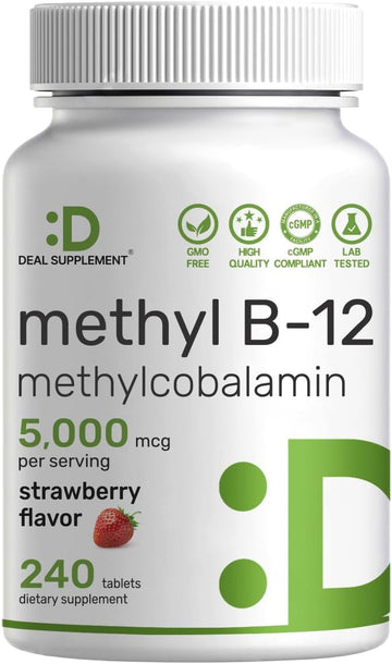DEAL SUPPLEMENT Methyl B-12 Vitamins 5000 mcg Per Serving, 240 Tablets | Active Form - Strawberry Flavored - Vitamin B12 Supplement for Women & Men - GMO Free & Gluten Free