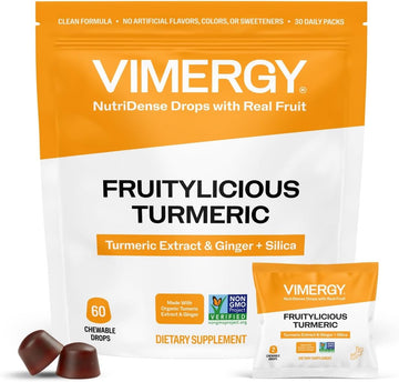 Vimergy NutriDense Fruitylicious Turmeric + Ginger Chewables (300mg Turmeric Extract, 22mg Silica, 10mg Ginger per Serving) Vegan, Mobility Support, 30 Servings (60 Count)