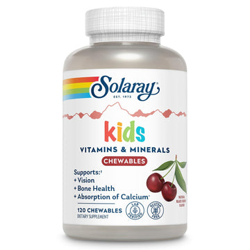 SOLARAY Kid's Vitamins & Minerals, Multivitamin for Kids - Bones, Vision, Heart Health Support w/Vitamin C, Vitamin D and B2, Iron - Gluten Free, 120 Black Cherry Chewables, 60 Servings