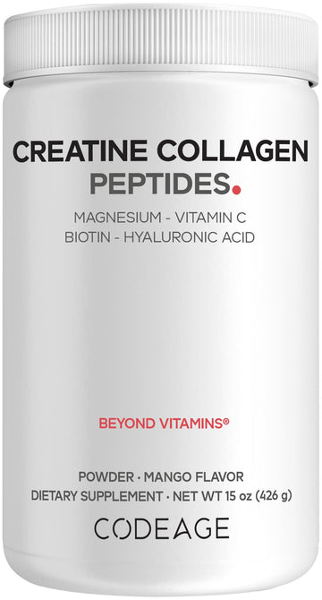 Codeage Creatine Collagen Peptides - Creatine Monohydrate Powder Supplement, Wild-Caught Marine Collagen, Biotin, Magnesium, Vitamin C, Hyaluronic Acid - Mango Flavored - Non-GMO - 15 Oz CodeageBuy Supplements Australia