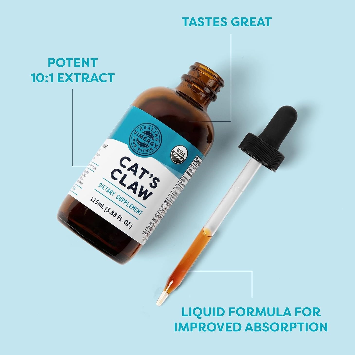 Vimergy USDA Organic Cat’s Claw Liquid – Provides Antioxidant Support* – Benefits The Immune System* – Vegan, Gluten-Free, Non-GMO – 57 Servings (115 mL)