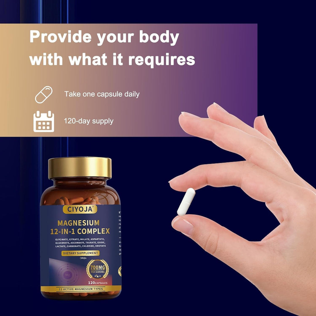 CIYOJA Magnesium 12-in-1 Complex dietary supplement bottle and packaging.