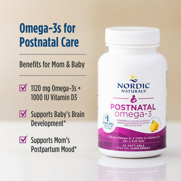 Nordic Naturals Postnatal Omega-3, Lemon - 60 Soft Gels - 1120 Total Omega-3 + 1000 IU Vitamin D3 - Formulated for New Moms; Supports Optimal Wellness,