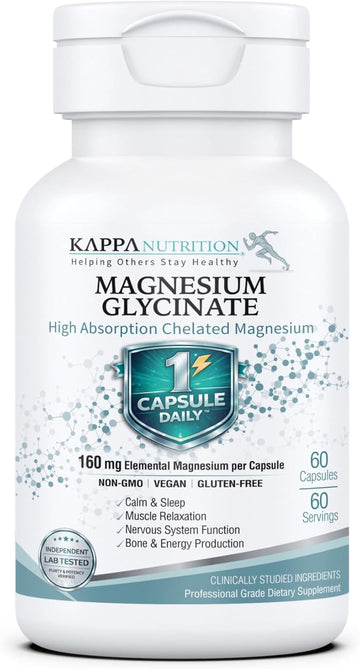 Kappa Nutrition, Magnesium Glycinate 60 Vegan Capsules, 160 mg Elemental | High-Absorption Chelated Magnesium | 1 Capsule Daily | Non-GMO, Vegan, Gluten-Free | Made in USA with Canadian Magnesium