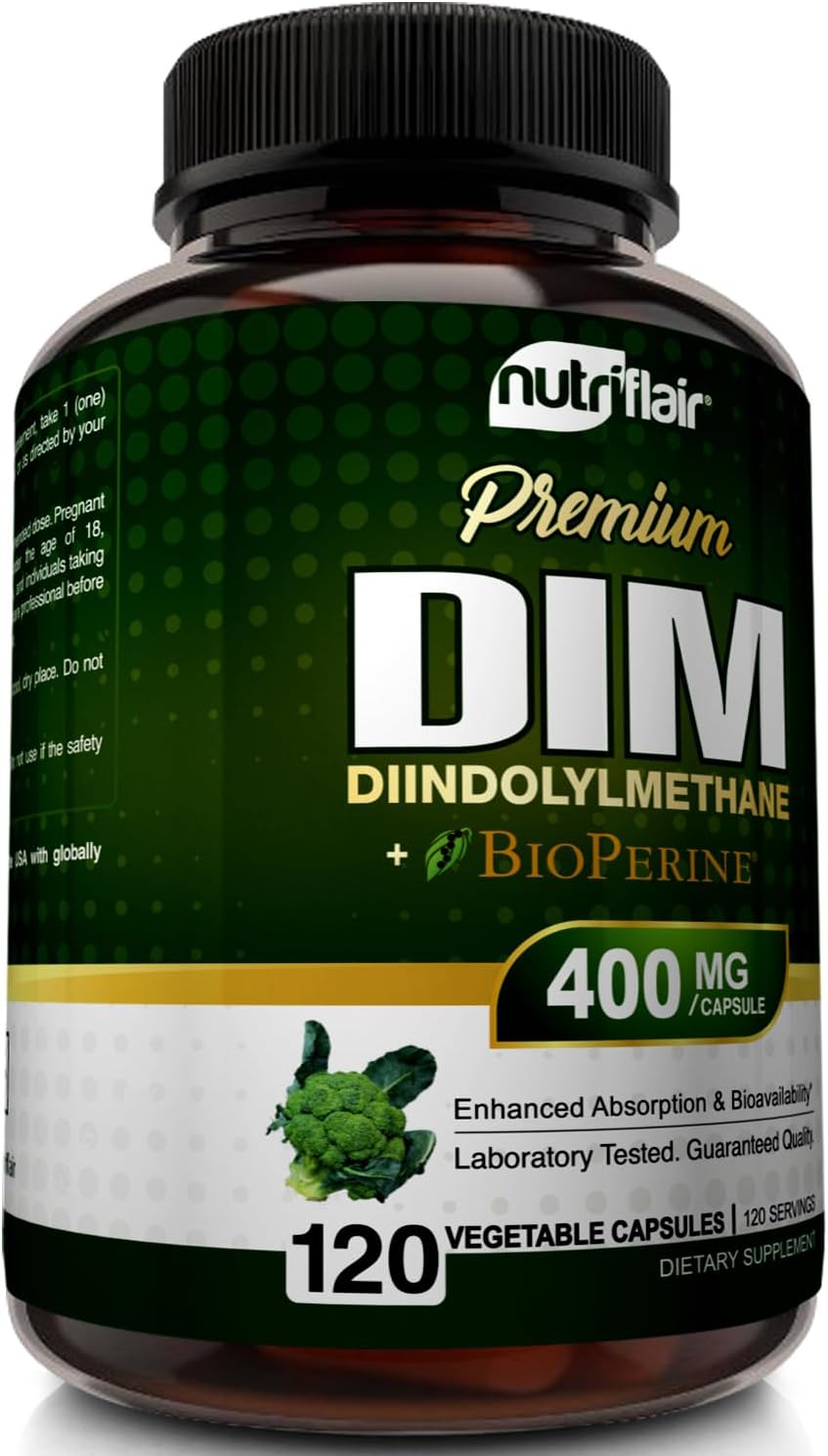 NutriFlair DIM 400mg with BioPerine, 120 Capsules - High Potency Diindolylmethane Supplement - for Men & Women - Vegan, Non-GMO - 4 Month Supply