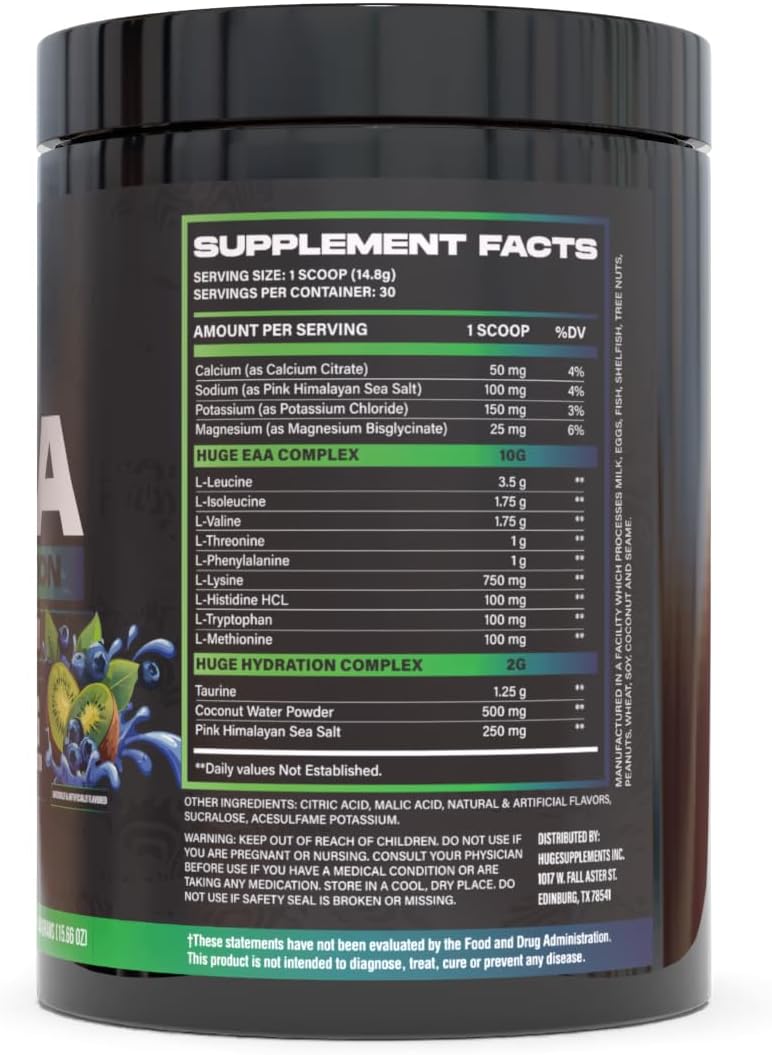 Huge EAA + Hydration, Essential Amino Acids Powder, EAAs & BCAAs, Intra & Post Workout Recovery Powder, Muscle Growth, Recovery & Performance, 10g EAAs & Electrolytes, Kiwi Blueberry, 30 Servings