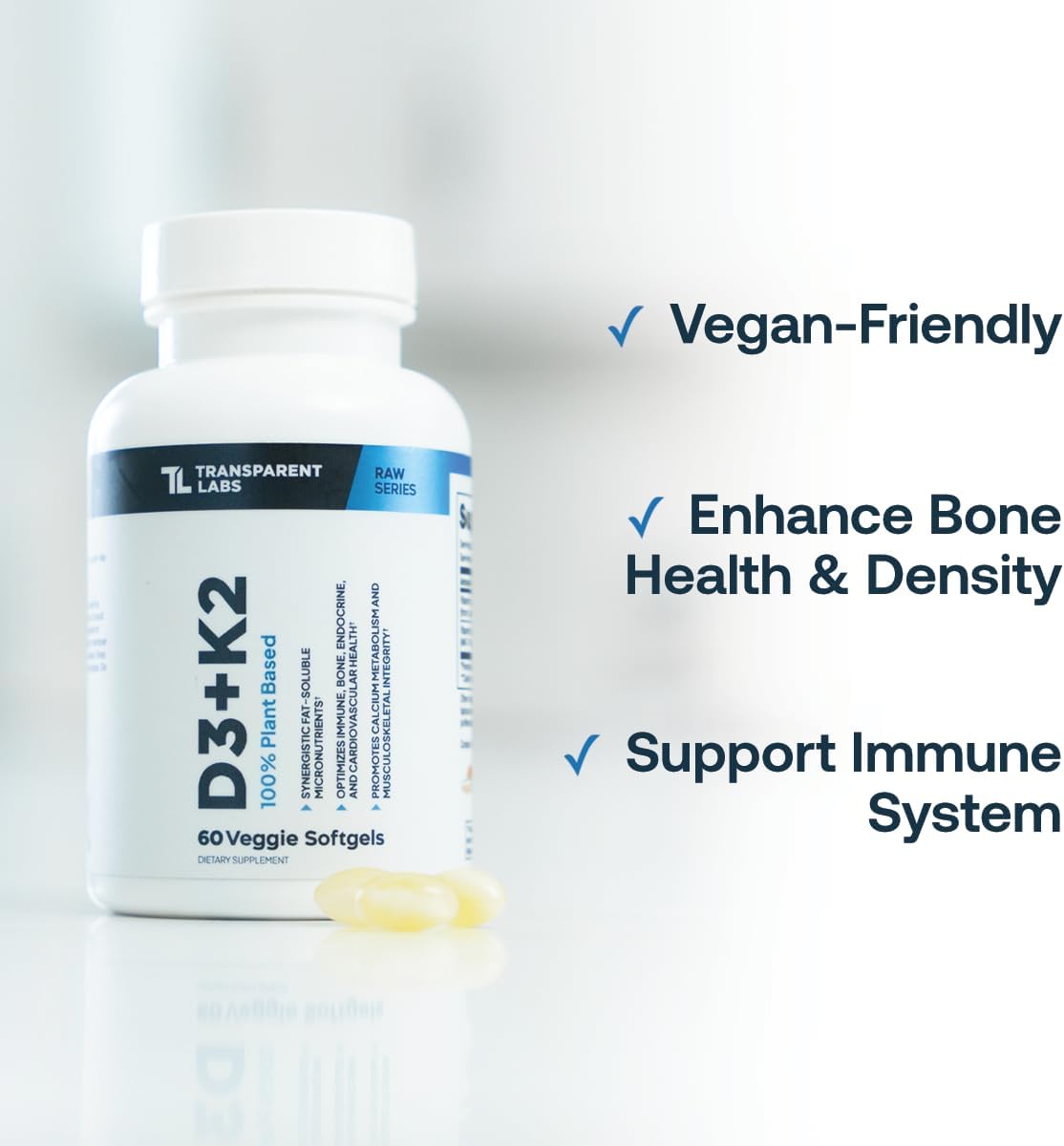 Transparent Labs Vitamin D3 K2 - Vitamin D & K2 Vitamin Supplement for Men & Women, Vegan-Friendly D3K2 5000 IU Supplements to Support Bone, Immune, and Overall Health - K2 D3 60 Capsules