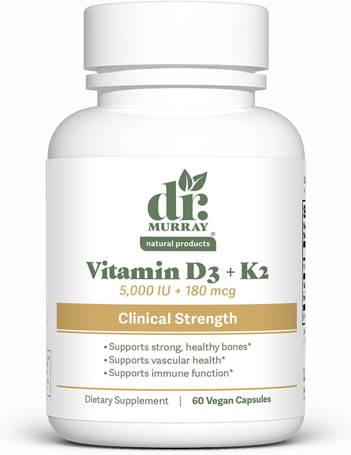 Dr. Murray's Vitamin D3-K2 Supplement with Coconut Oil MCTs -5,000 IU-Gluten Free - Non-GMO- Vegan Capsules | Third-Party Tested | GMP Certified | 60 Count