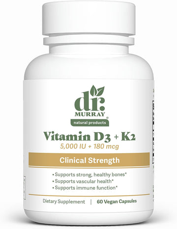 Dr. Murray's Vitamin D3-K2 Supplement with Coconut Oil MCTs -5,000 IU-Gluten Free - Non-GMO- Vegan Capsules | Third-Party Tested | GMP Certified | 60 Count