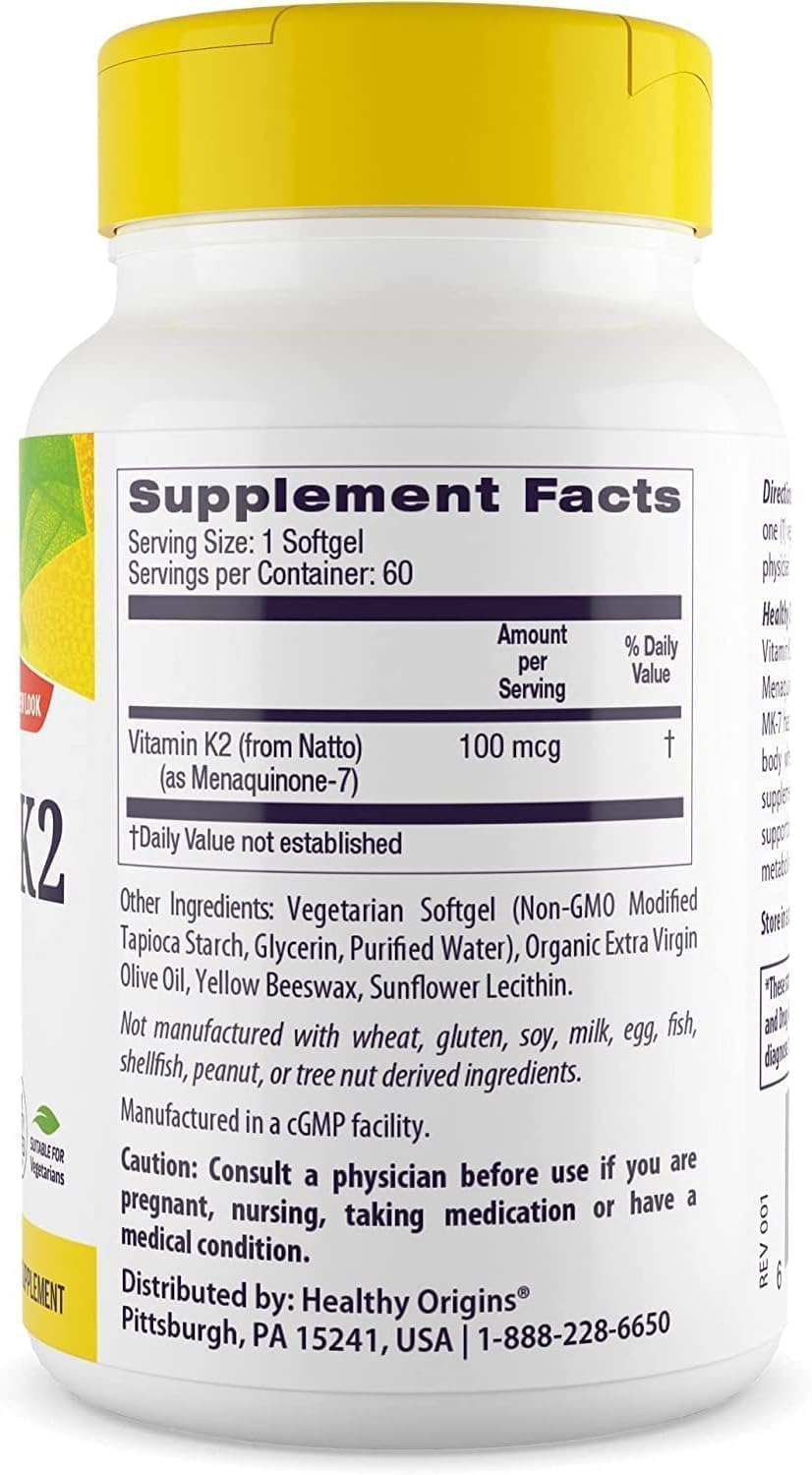 Healthy Origins Vitamin K2 100 mcg (MK-7, Non-GMO, Gluten Free, Cardiovascaular Support, Bone Support), 180 Veggie Gels