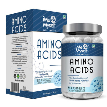 Amino acids supplement bottle and packaging with 'iMe & Myself' branding on a white background.