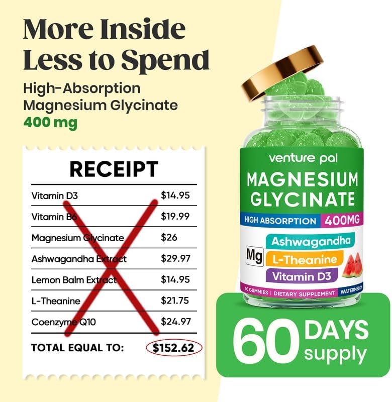 60 Day Supply Magnesium Glycinate 400mg Gummies Sugar Free High Absorption | With Ashwagandha, L-Theanine, CoQ10, Vitamin D3 & B6, Adults & Kids, Stress Relief, Sleep & Calm, Vegan, Gluten Free