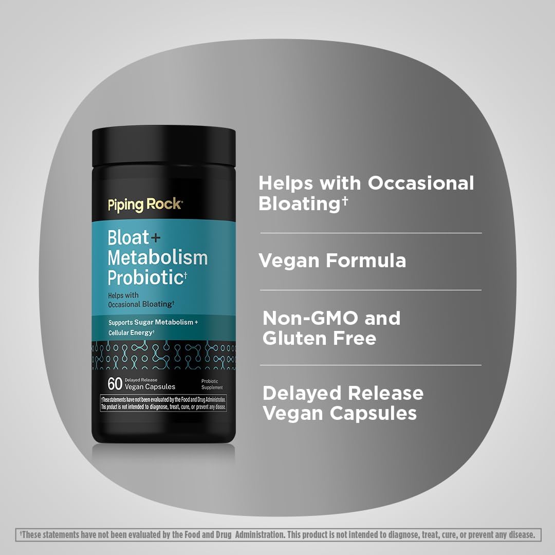 Piping Rock Bloat and Metabolism Probiotic | 60 Capsules | 14 Strain Probiotic Blend | Supports Regularity and Cellular Energy for Men and Women | Non-GMO, Gluten Free