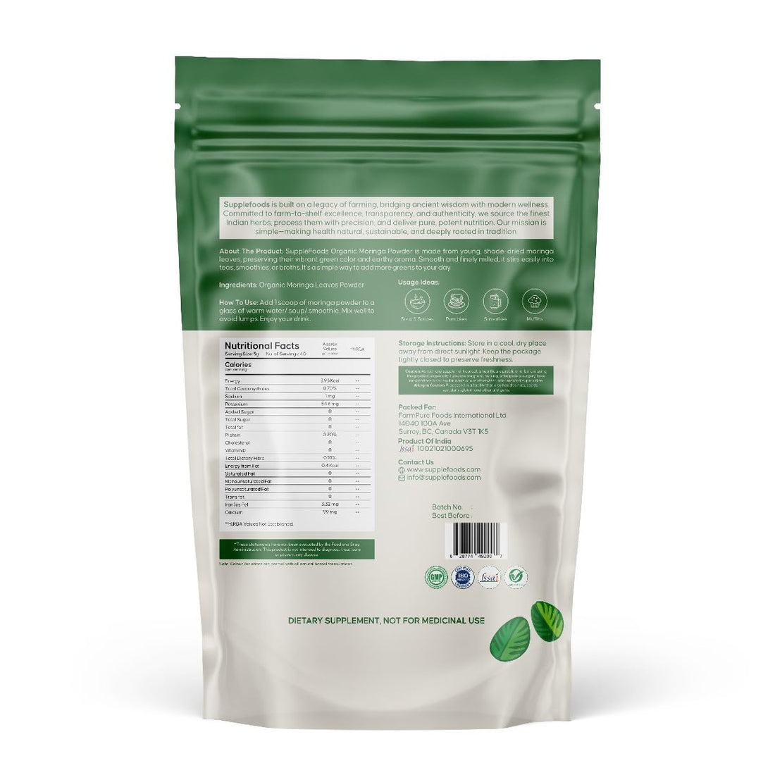 Supple Foods Moringa Powder package with green powder in a wooden bowl on a white background