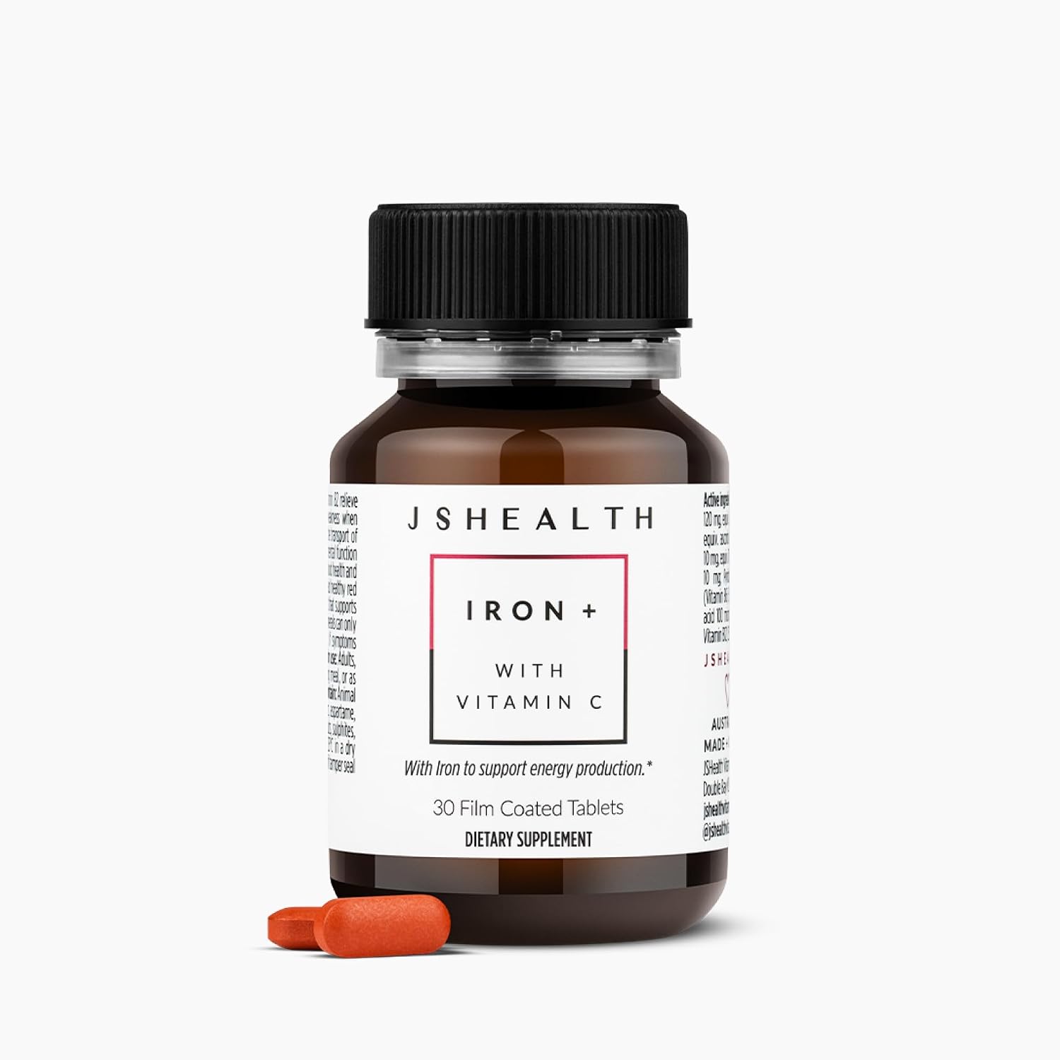 JSHealth Iron Supplement with Vitamin C. Ferrochel Iron Supports Energy Levels. Non-Constipating, with B Vitamins. By Nutritionist Jessica Sepel (30 Tablets) | Iron Deficiency Pills with Vitamin C and Vitamin B12, No Nausea or Constipation