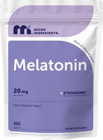 Micro Ingredients Melatonin 20mg, 400 Tablets | Strawberry Flavor | Fast Dissolve | 100% Drug Free | Vegetarian Friendly | Non-GMO, No Gluten, Sugar Free