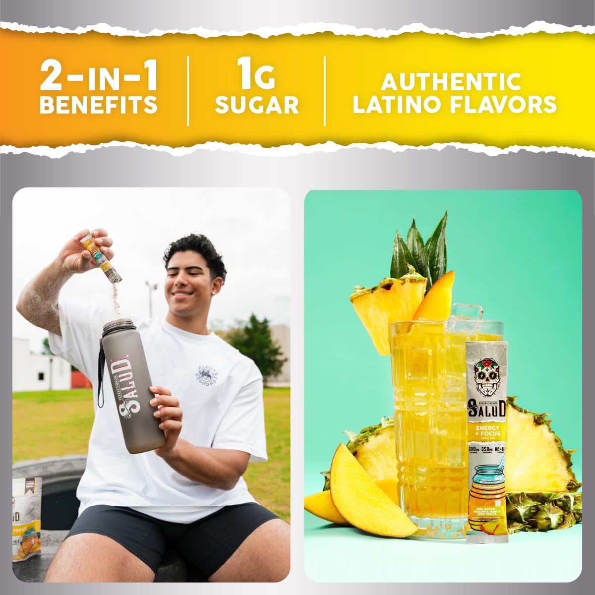 Salud 2-Pack | 2-in-1 Hydration + Immunity (Strawberry) & Energy + Focus (Pineapple Mango) – 15 Servings Each, Agua Fresca Drink Mix, Non-GMO, Gluten Free, Vegan, Low Calorie, 1g of Sugar