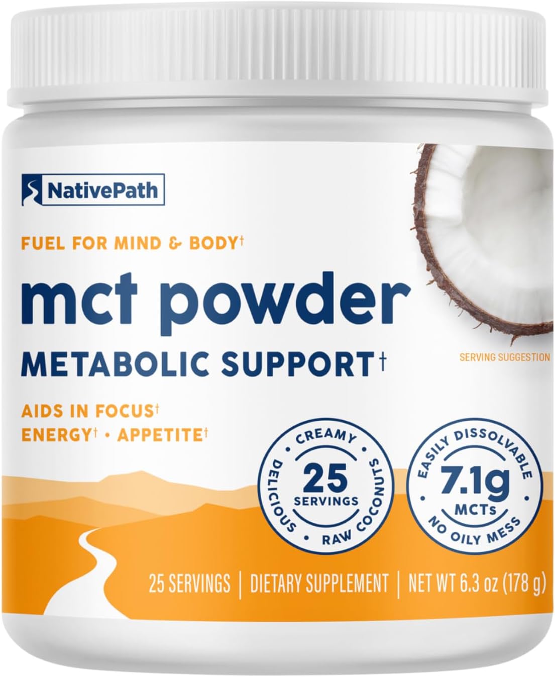 NativePath MCT Oil Powder, Keto C8 & C10, Unflavored, 25 Servings | From Coconut, Supports Clean Energy & Ketones, Coffee & Smoothies, Dairy-Free, Prebiotic Acacia Fiber