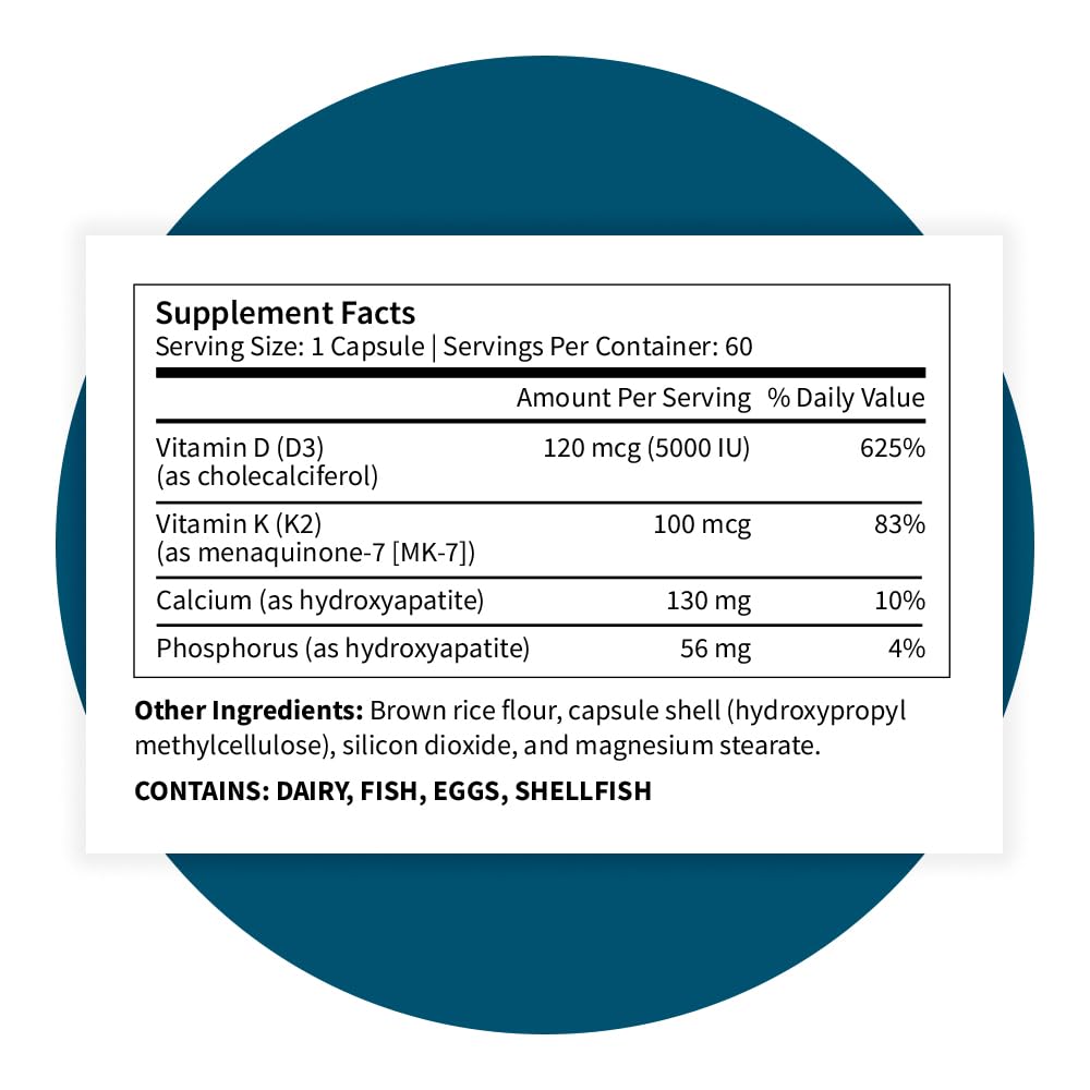 Pattern Wellness Vitamin K2 & D3 Supplement with Calcium – Bone Health, Circulatory Wellness & Immune Support - Non-GMO - 60 Capsules
