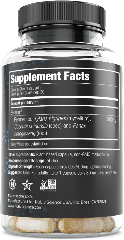 Zylaria® Natural Sleep Support. Patented Fungus Xylaria Nigripes Extract for GABA Optimization & Calm Mind. Melatonin-Free Sleep Aid for Nighttime Relaxation & Zero Morning Grogginess