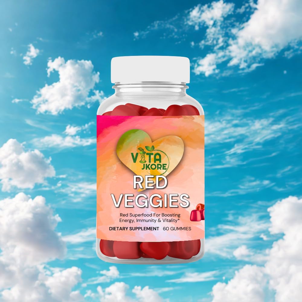 Bottle of Vita Jkore Red Veggies gummy vitamins on a white background