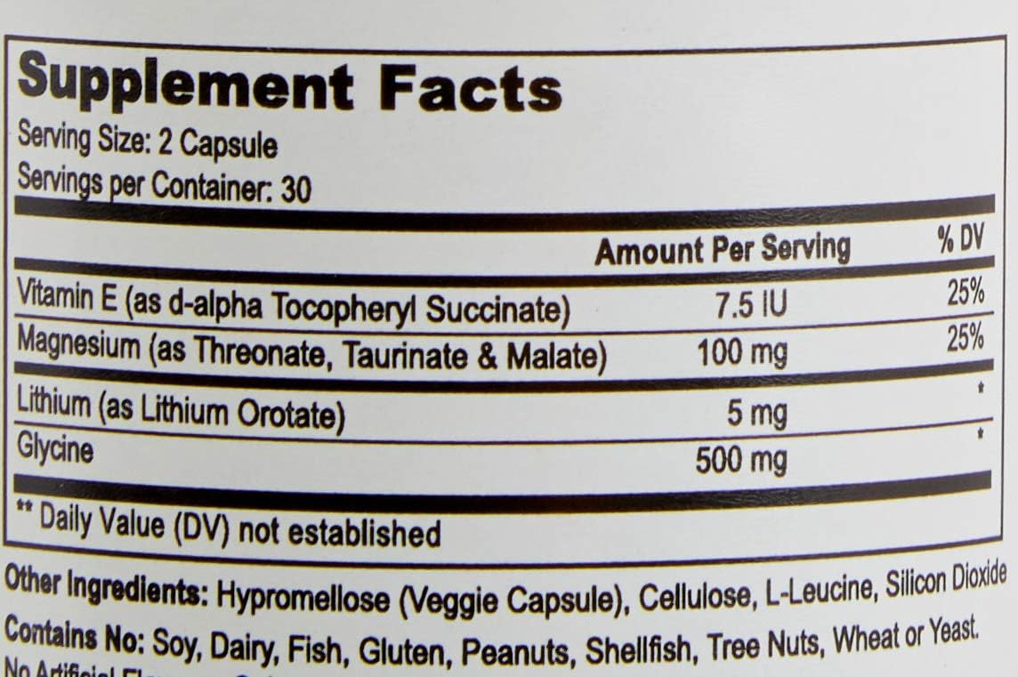 Lithium Orotate 5mg + Tri-Magnesium Threonate, Taurinate, Malate + Glycine + Vitamin E, 60 Vegetarian Capsules