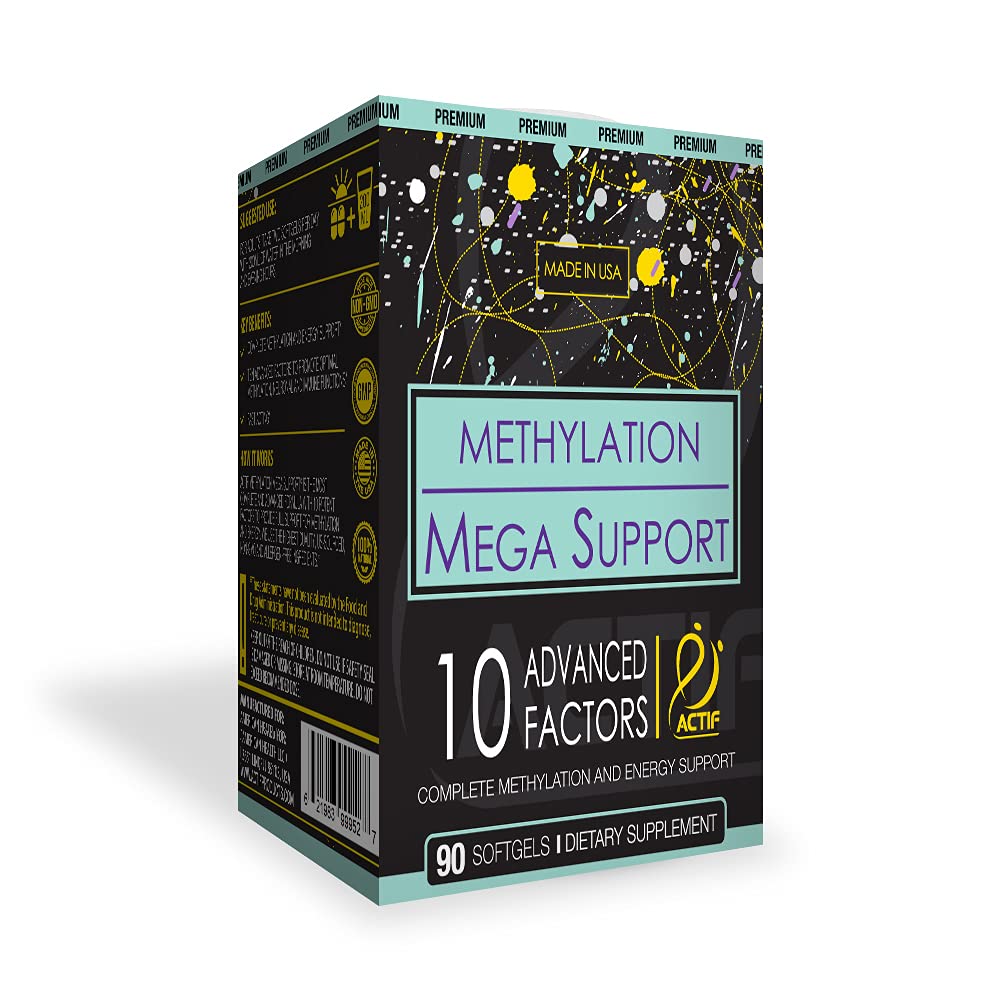 Supplement bottle labeled 'Methylation Mega Support' on a white background