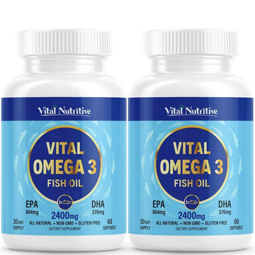 Vital Omega 3 Fish Oil Supplements 2400mg | 864mg EPA & 576mg DHA | 1440mg Total Omega-3 Fatty Acids | Promotes Brain & Heart Health | Non-GMO, Gluten-Free, Sugar-Free | Lemon | 60 Day Servings VITAL NUTRITIVEBuy Supplements Australia