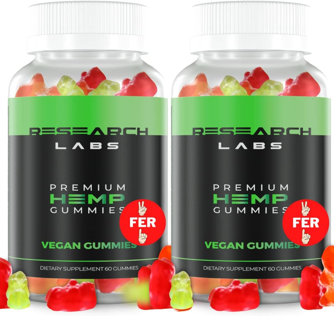 Research Labs - Premium Hemp Gummies 120 Count, 2 Fer 1 Ad. Highly Concentrated, Purified Extract Blend, Advanced Formula, Natural, Supports Relaxation, Body Aches, Worriedness