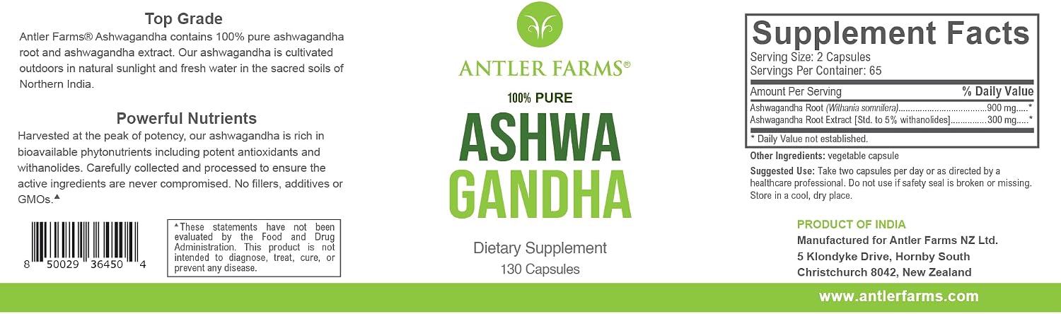 Antler Farms Ashwagandha Root & Extract - 130 Capsules, 1200mg | 100% Pure Organic Ashwagandha Capsules, Standardized to 5% Withanolides, Enhances Mental Performance, Energy, and Immunity