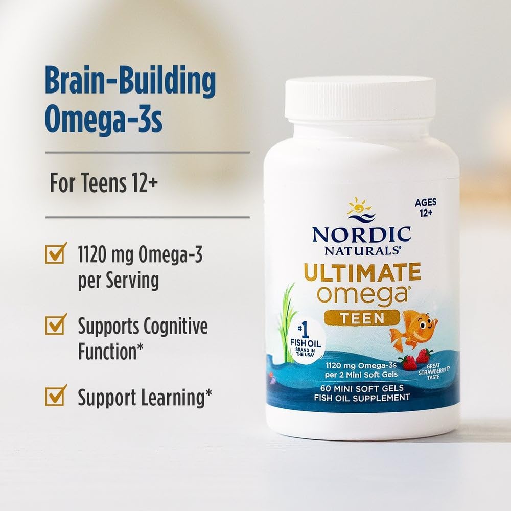 Nordic Naturals Ultimate Omega 2X Teen, Strawberry - 60 Mini Soft Gels - 1120 mg Total Omega-3s with EPA & DHA - Brain Health, Positive Mood, Social Development, Learning - Non-GMO - 30 Servings | 2X for teens. EPA+DHA supports brain, mood & social develo