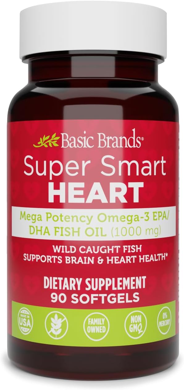 Basic Brands Super Smart Heart Omega Triple Strength, 1,000 mg 90 Count | EPA & DHA for Heart, Brain & Joint Support, Purified, Wild-Caught, Non-GM