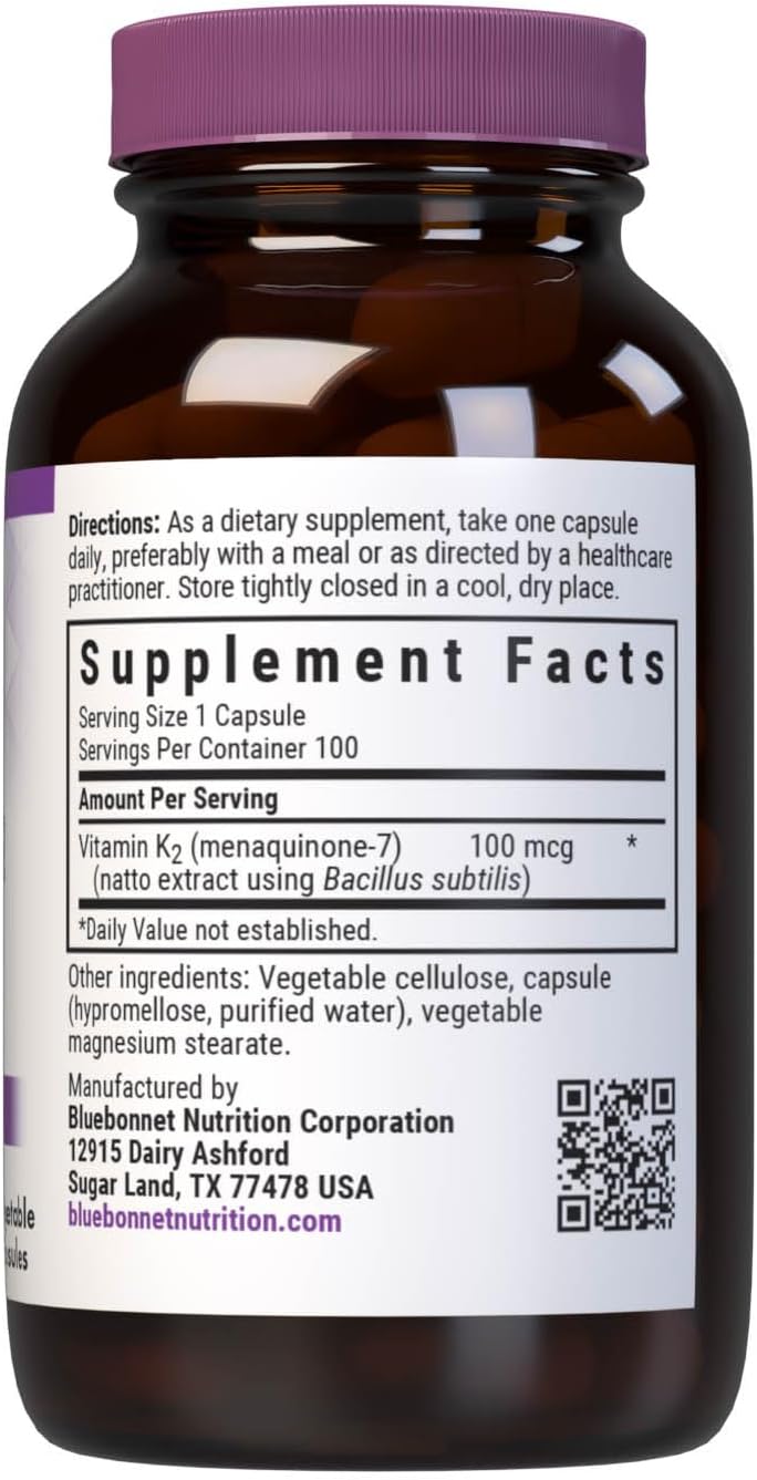 Bluebonnet Nutrition Vitamin K2 Supplement 100 mcg Daily Vit K2 MK7 Heart Health & Bone Vitamins for Women & Men* - Vegan, non-GMO, Dairy-Free, Gluten-Free Vit K - 100 Vegetable Capsules
