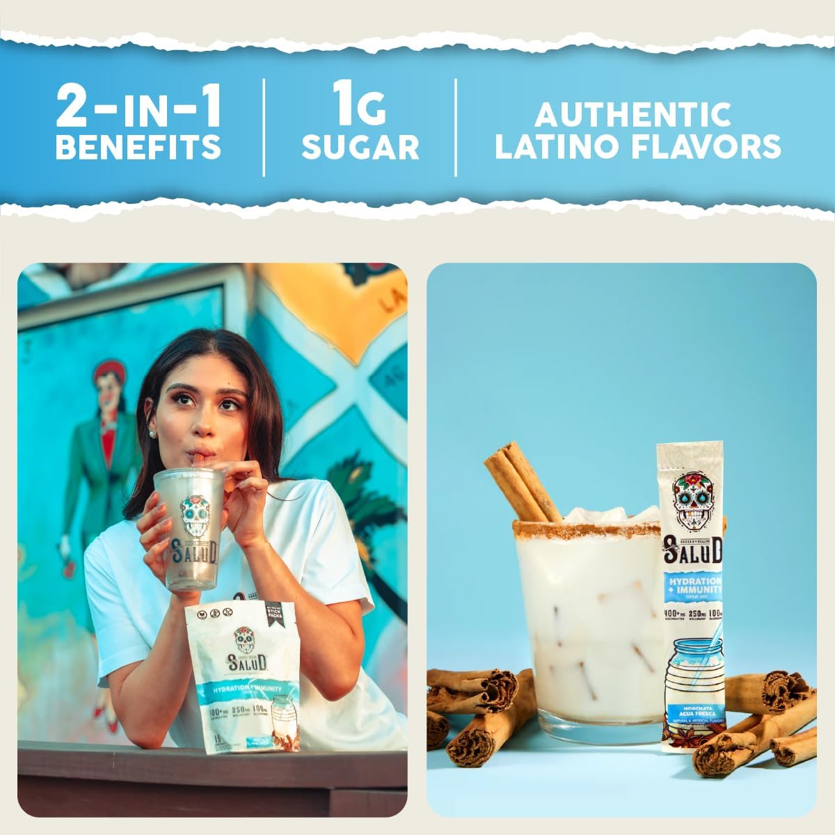 Salud 2-Pack | 2-in-1 Hydration + Immunity (Horchata) & Energy + Focus (Hibiscus) – 15 Servings Each, Agua Fresca Drink Mix, Non-GMO, Gluten Free, Vegan, Low Calorie, 1g of Sugar