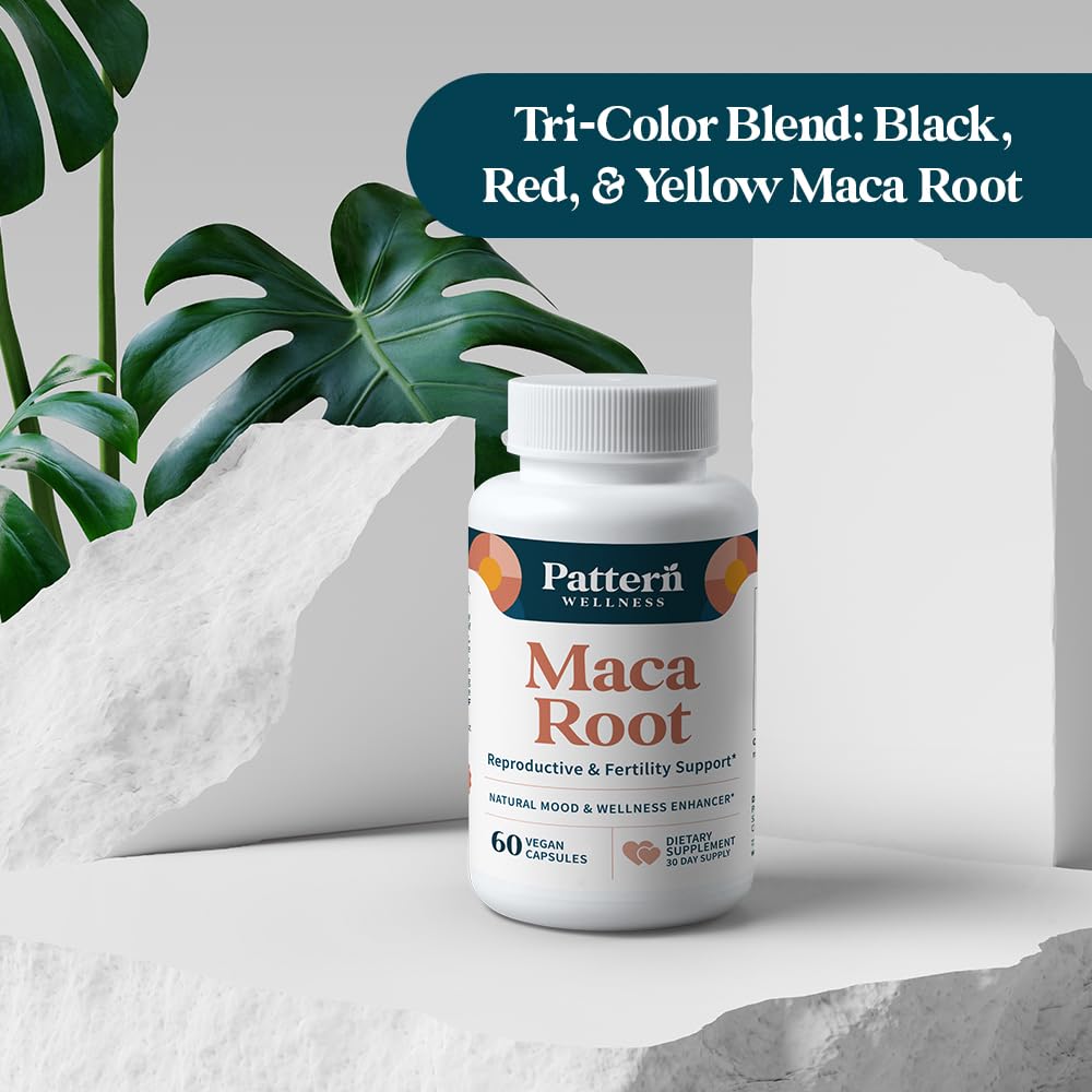 Supplement bottle labeled 'Maca Root' by Pattern Wellness on a white background