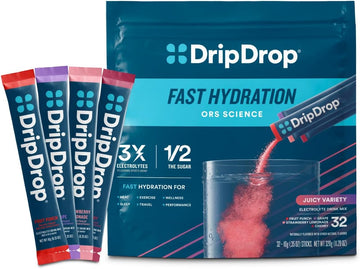 DripDrop Hydration Juicy Variety Pack, Electrolyte Packets, 32 Count | Grape, Fruit Punch, Strawberry Lemonade & Cherry; 3X Electrolytes, Vitamin C, Magnesium, Zinc; Single Serve Powder Drink Mix