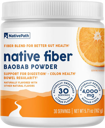NativePath Baobab Prebiotic Fiber, Orange, Sugar-Free, 30 Servings | Organic Soluble Source, L-Glutamine, Supports Digestion, Regularity, Gut Health & Microbiome, Keto