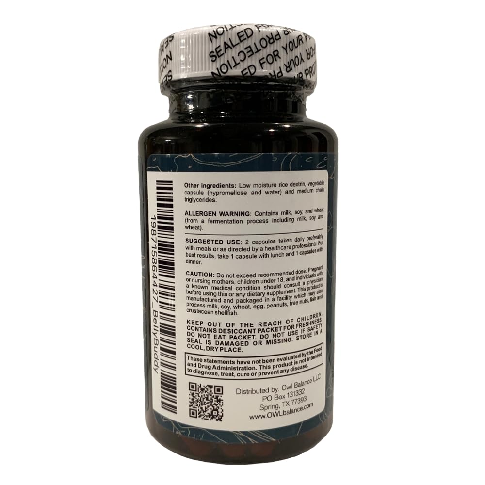 Bottle of OWL Balance Belly Buddy supplement on a white background