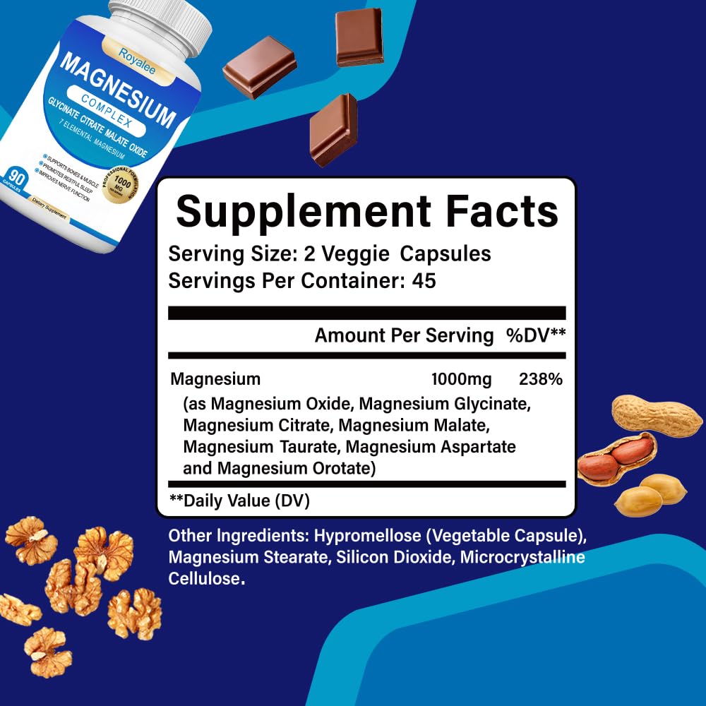 Supplement bottle labeled 'Magnesium Complex' with health benefits listed, surrounded by nuts, bananas, and an avocado on a white background.