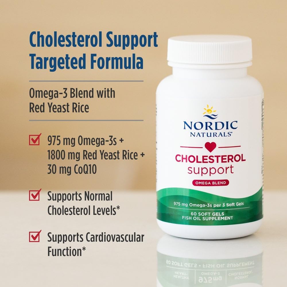 Nordic Naturals Cholesterol Support, 975mg Omega-3 + Red Yeast Rice + CoQ10 | Red Yeast Rice supports healthy LDL cholesterol naturally. EPA & DHA omega-3s for heart health. Lemon. Non-GMO. 20 servings.
