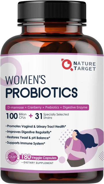 NATURE TARGET Women's Probiotic, 100 Billion CFU, 31 Strains, 90 Servings | With Prebiotic And Enzymes For Digestive Health,Cranberry, D-Mannose Support Urinary Tract & Vaginal Wellness, Shelf-Stable